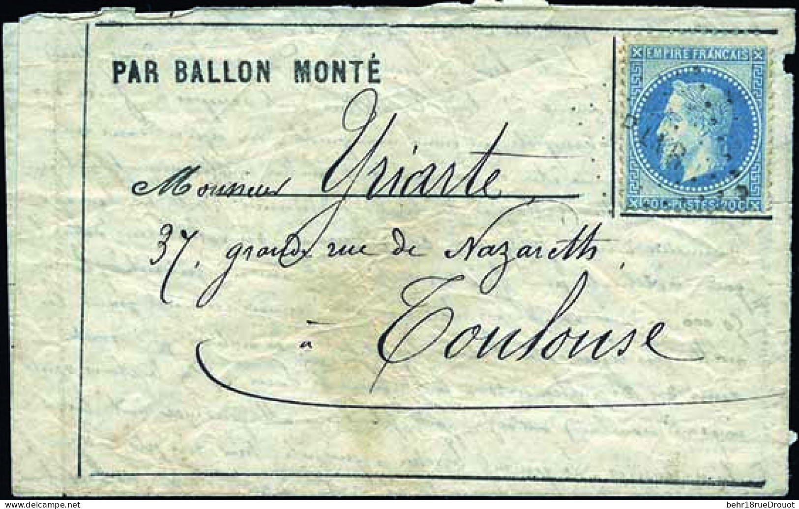 Obl. 29 -- Pli Confié Du FULTON. 20c. Lauré Obl. ''P. La R.'' S/formule Imprimée à Destination De TOULOUSE. Arrivée Le 4 - War 1870