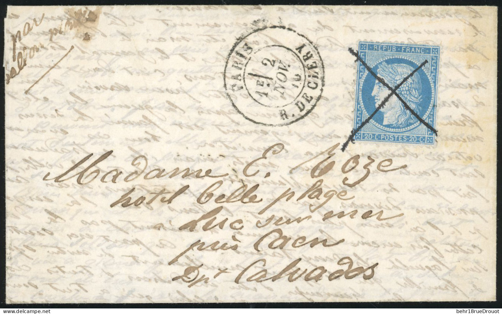 Obl. 37 -- LE FERDINAND FLOCON. 20c. Siège Obl. Plume S/lettre Frappée Du CàD De PARIS - R. DE CLERY Du 2 Novembre 1870  - War 1870