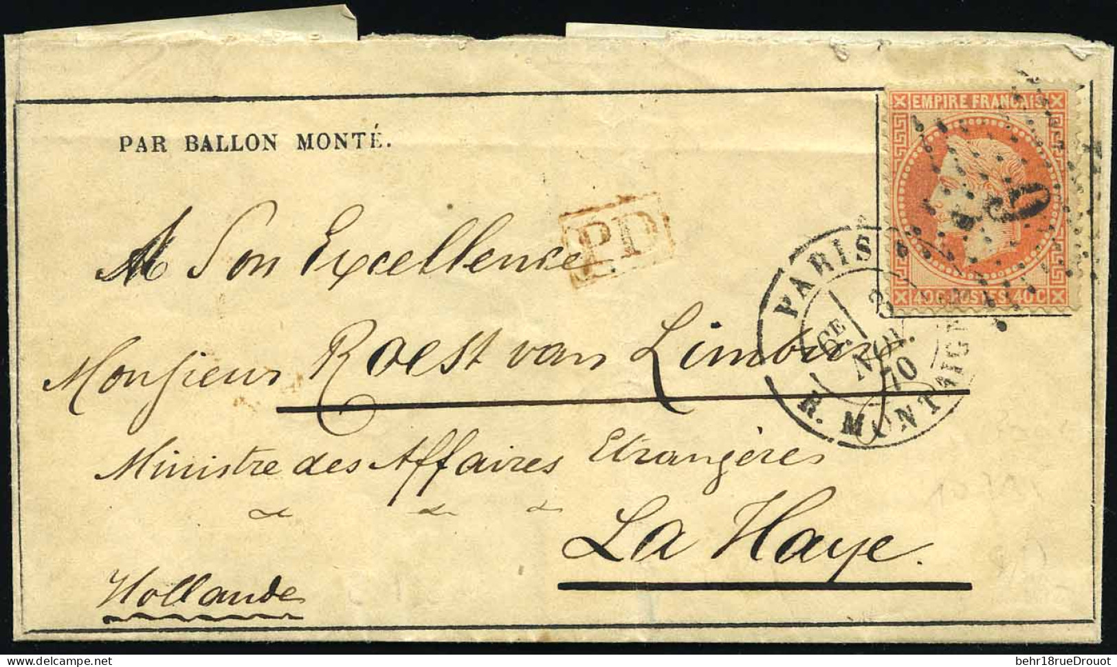 Obl. 31 -- LE FERDINANT FLOCON. 40c. Lauré S/formule Imprimée Frappée Du CàD De PARIS Du 3 Novembre 1870 à Destination D - War 1870