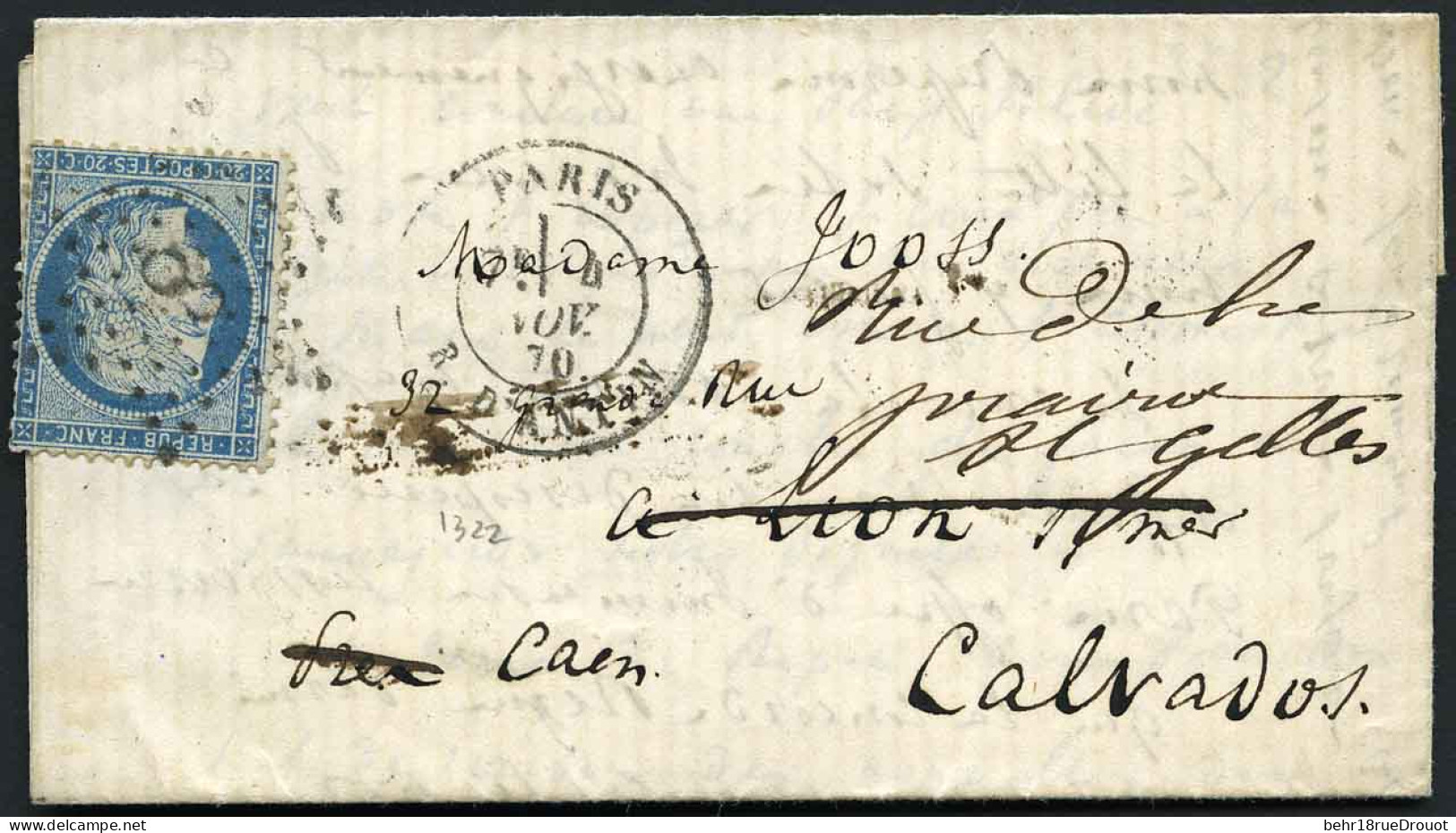 Obl. 37 -- LA VILLE DE CHATEAUDUN. 20c. Siège S/lettre Frappée Du CàD De PARIS Du 4 Novembre 1870 à Destination De LION- - Guerra De 1870