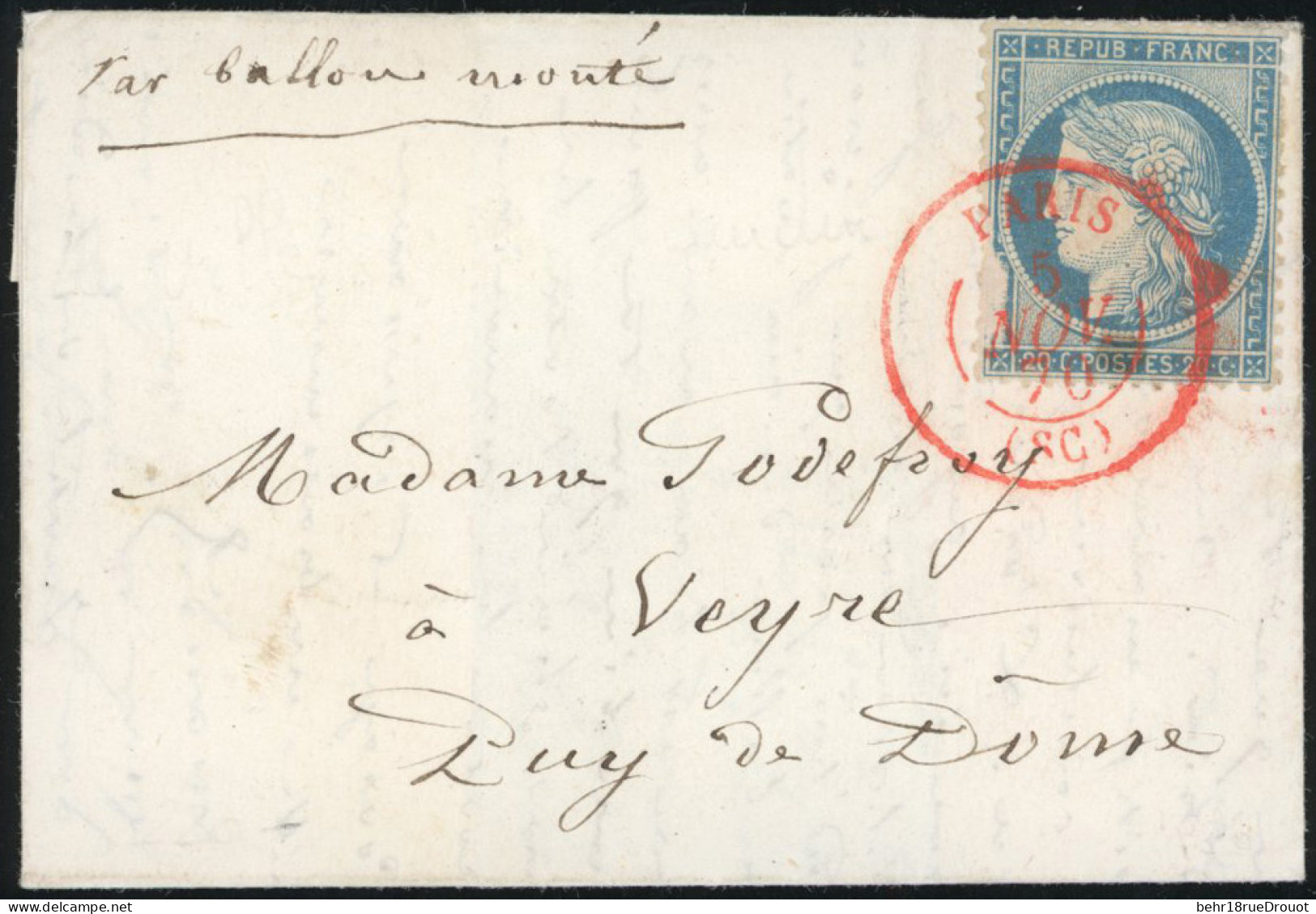 Obl. 37 -- VILLE DE CHATEAUDUN. 20c. Siège Obl. S/lettre Frappée Du Cachet Rouge De PARIS (SV) Du 5 Novembre 1870 à Dest - Guerre De 1870