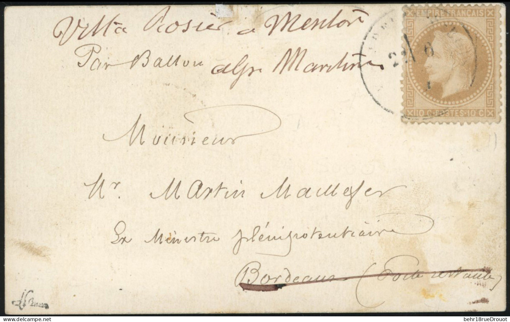 Obl. 29 -- LA GIRONDE. 10c. Lauré S/carte Frappée Du CàD De PARIS Du 6 Novembre 1870 à Destination De BORDEAUX Puis De M - War 1870