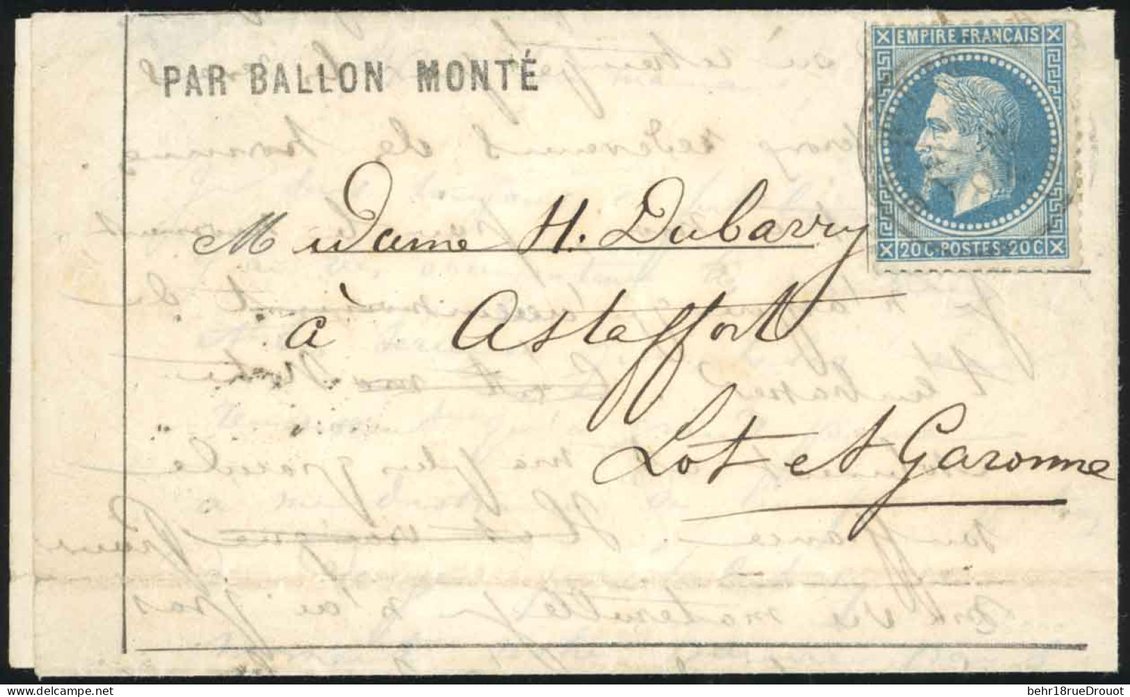 Obl. 29 -- LA GIRONDE. 20c. Lauré Obl. S/formule Imprimée De PARIS Du 6 Novembre 1870 à Destination D'ASTAFFORT - LOT-ET - Guerra De 1870