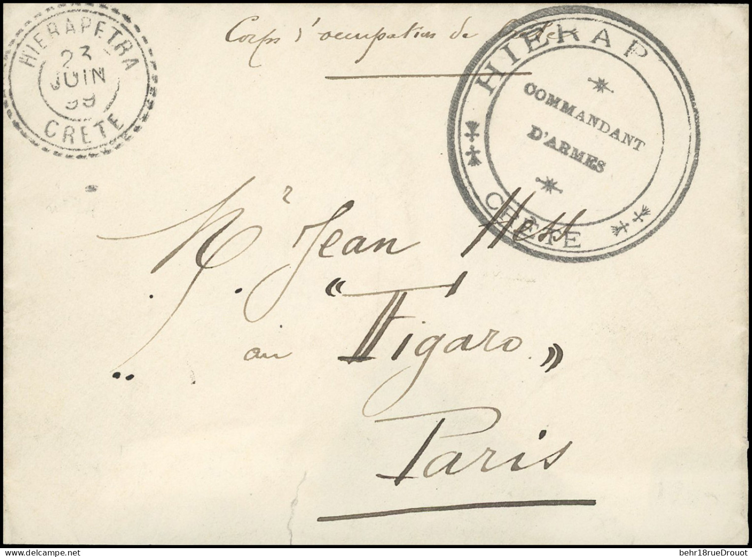 Obl. HIERAPETRA / CRETE. Lettre Frappée Du CàD D'HIERAPETRA Du 23 Juin 1899 à Destination De PARIS. SUP. RR. - 1849-1876: Klassieke Periode