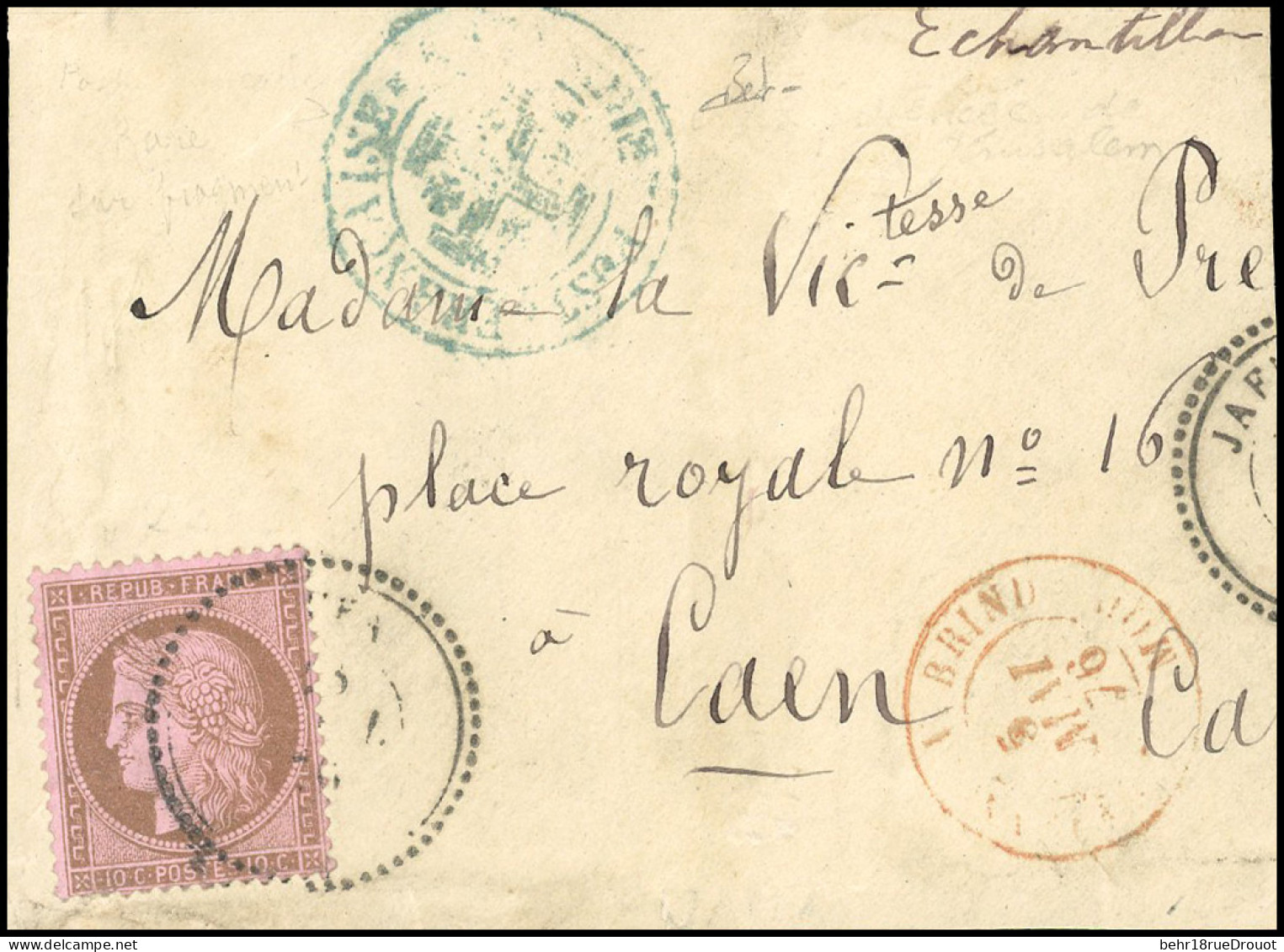 Obl. 54 -- JAFFA / JERUSALEM. 10c. Cérès Obl. CàD Perlé De JAFFA S/fragment De Lettre Avec Cachet Bleu, Croix Potencée " - 1849-1876: Klassieke Periode