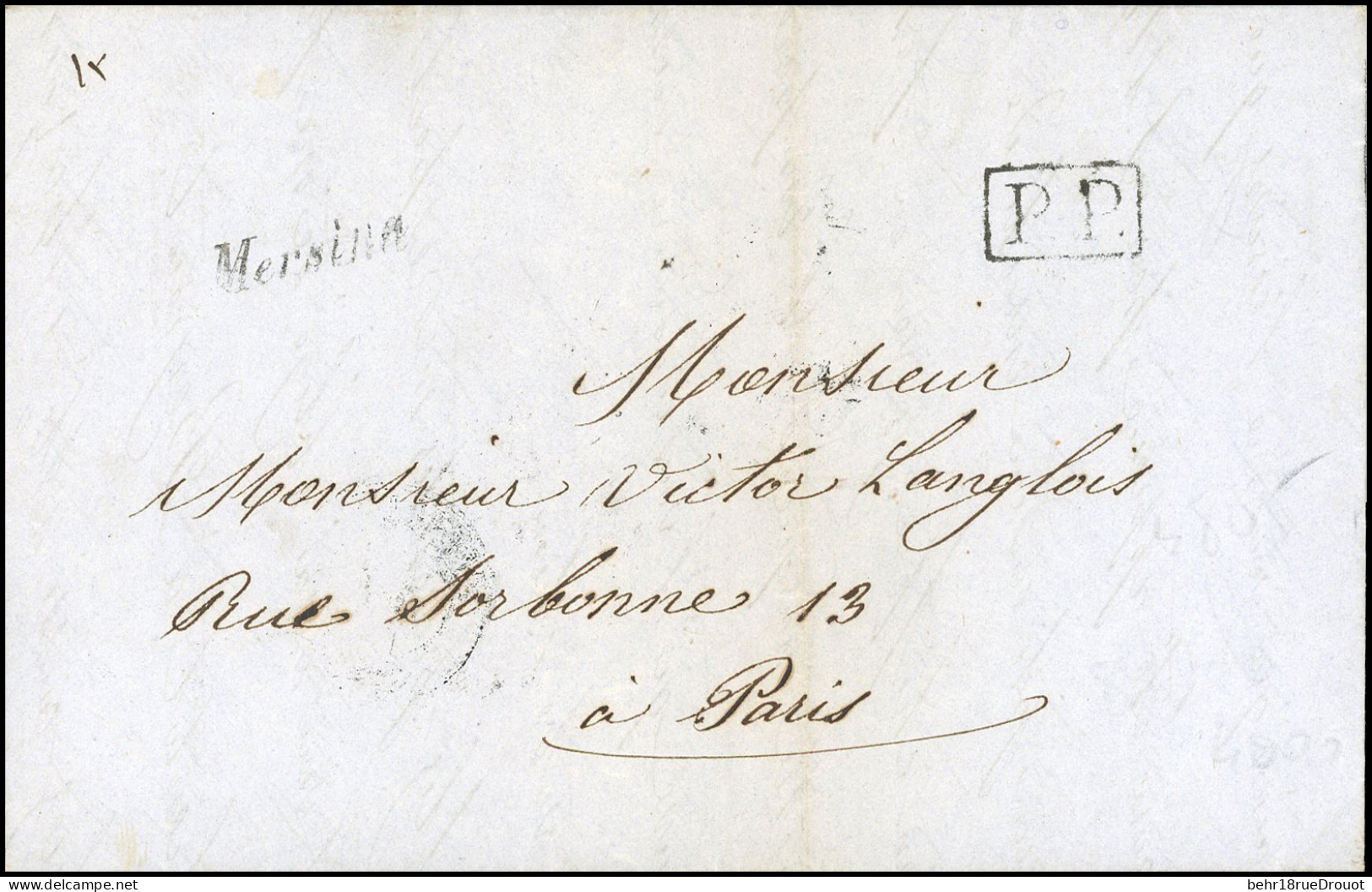 Obl. MERSINA. Lettre Manuscrite De TARSOUS Du 20 Août 1853 Avec Cursive "MERSINA" à Destination De PARIS. Au Verso, Cach - 1849-1876: Classic Period