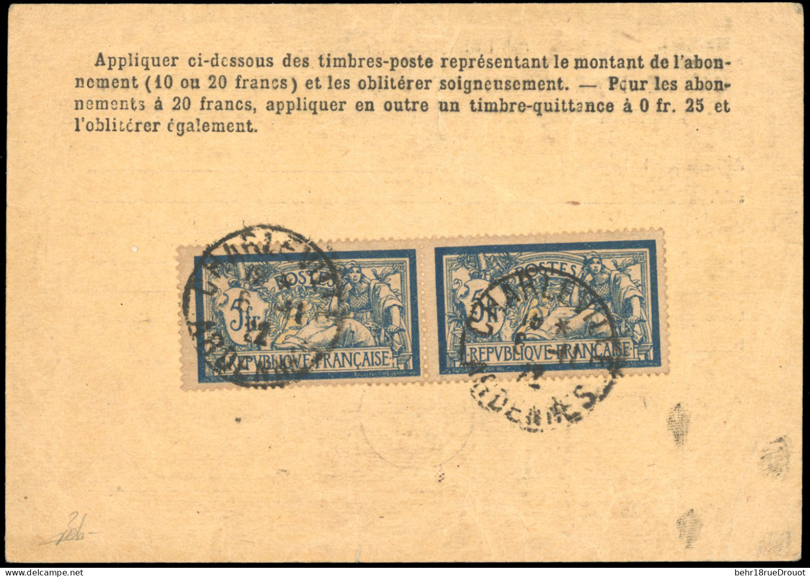 Obl. 123 -- Paire Du 5F. Bleu Merson, Obl. S/carte D'abonnement à La Poste Restante, Frappée Du CàD De CHARLEVILLE - ARD - Andere & Zonder Classificatie