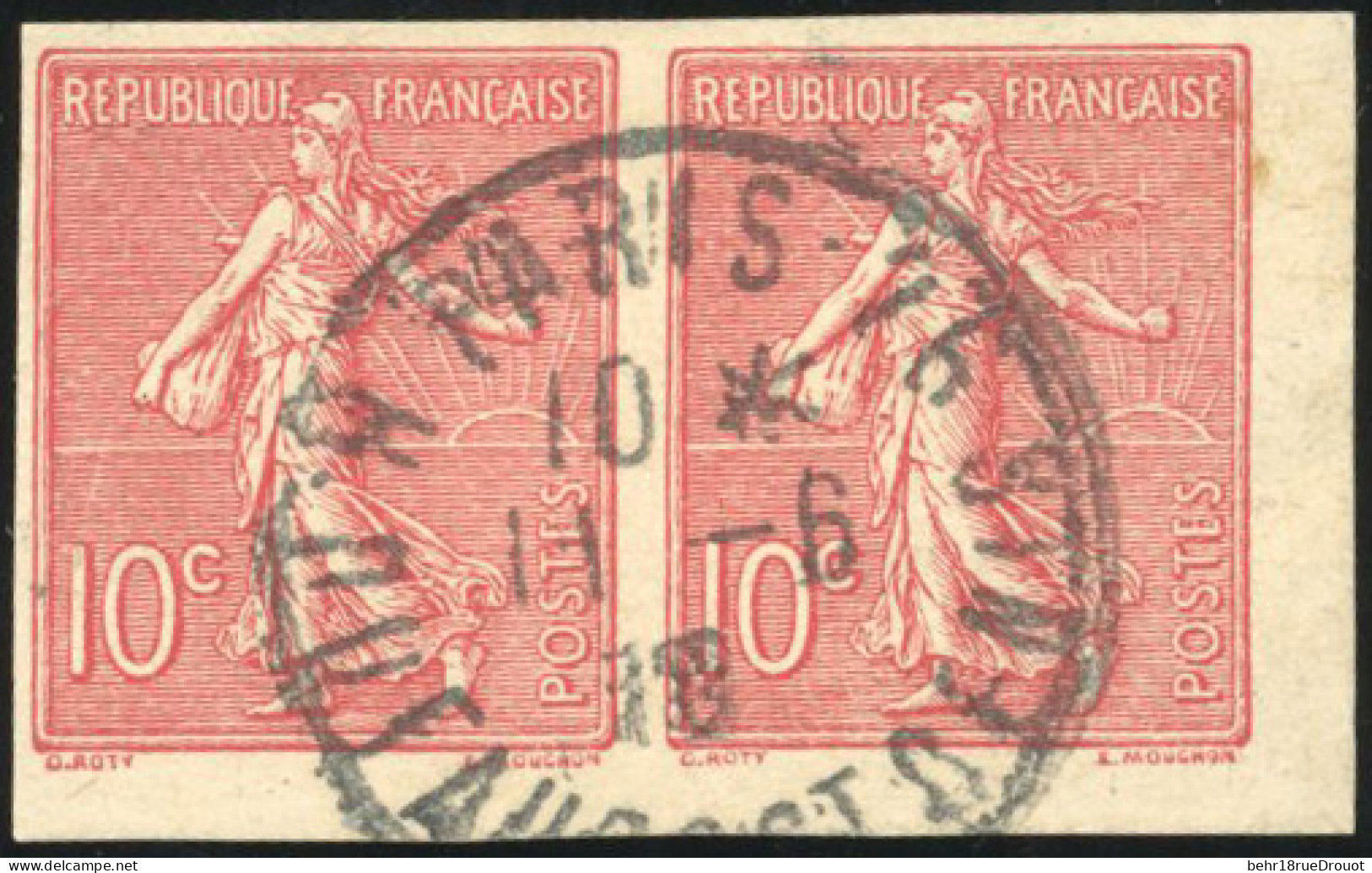 Obl. 129d -- 10c. Semeuse De Roty Rose. Paire ND. Petit Coin De Feuille. Oblitération Centrale PARIS Du 11 Juin 1918. SU - Autres & Non Classés