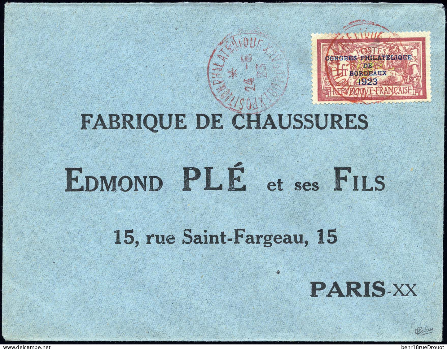 Obl. 182 -- 1F. Congrès De Bordeaux Obl. S/lettre Frappée Du Cachet Rouge De L'exposition Du 24 Juin 1923 à Destination  - Other & Unclassified