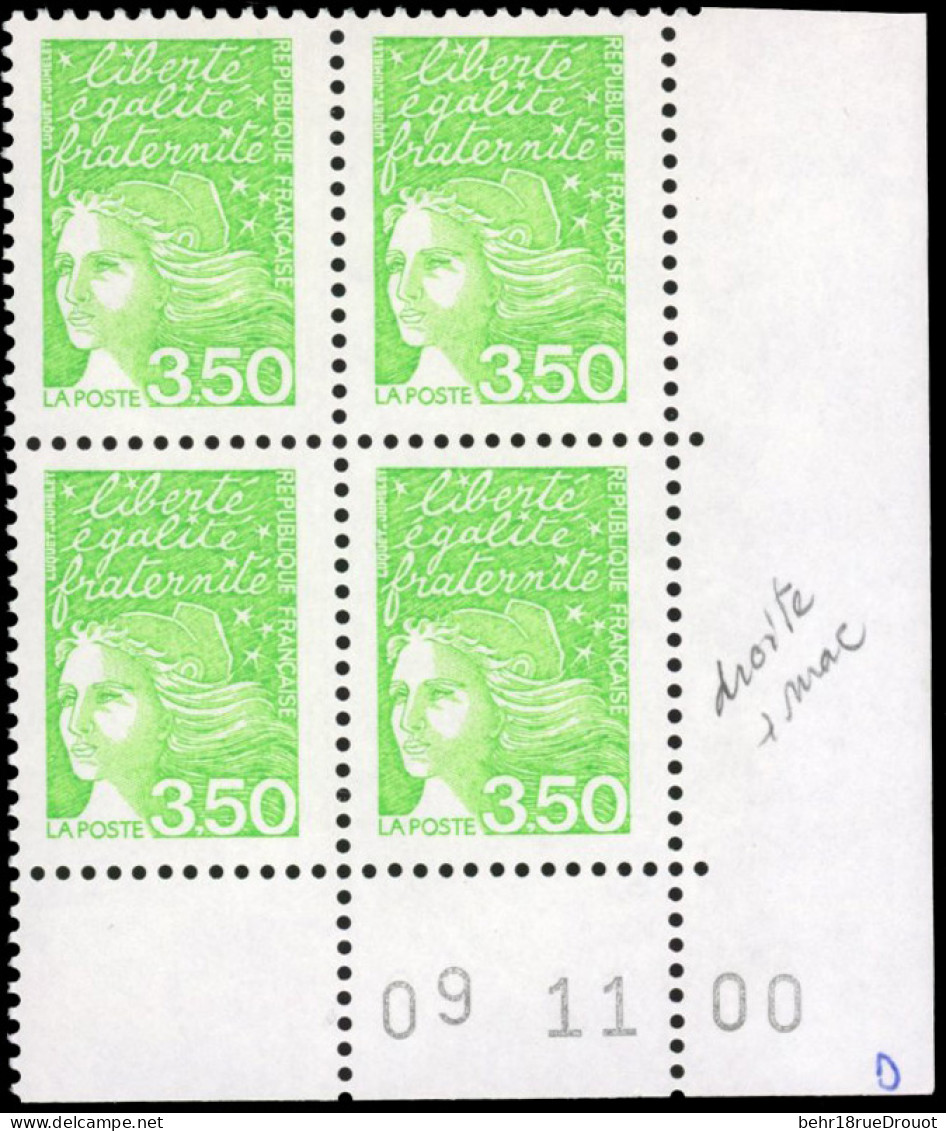 ** 3092 -- Marianne De Luquet. 3F.50 Vert-jaune. Bloc De 4. Coin De Feuille Daté Du 09.11.00. Maculation + Une Seule Ban - Other & Unclassified