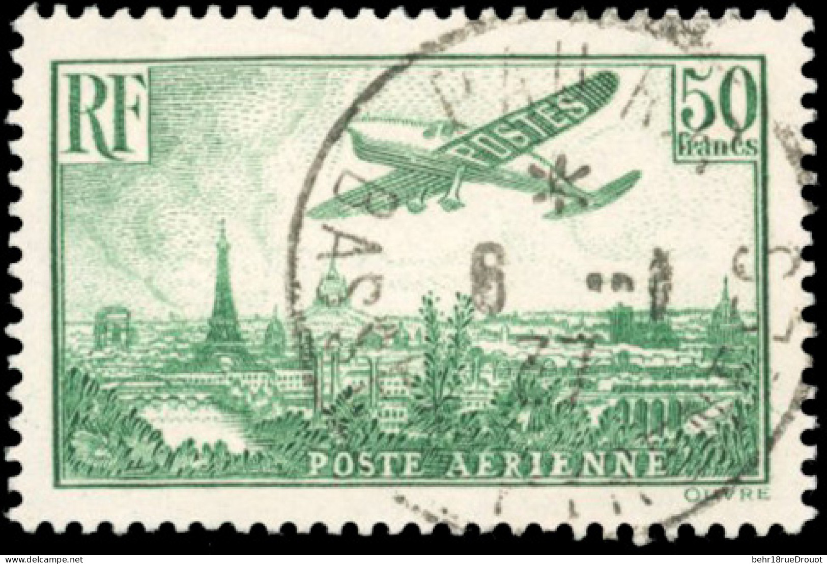 Obl. 14 -- 50F. Avion Survolant Paris Vert-jaune. Obl. SUP. - Autres & Non Classés