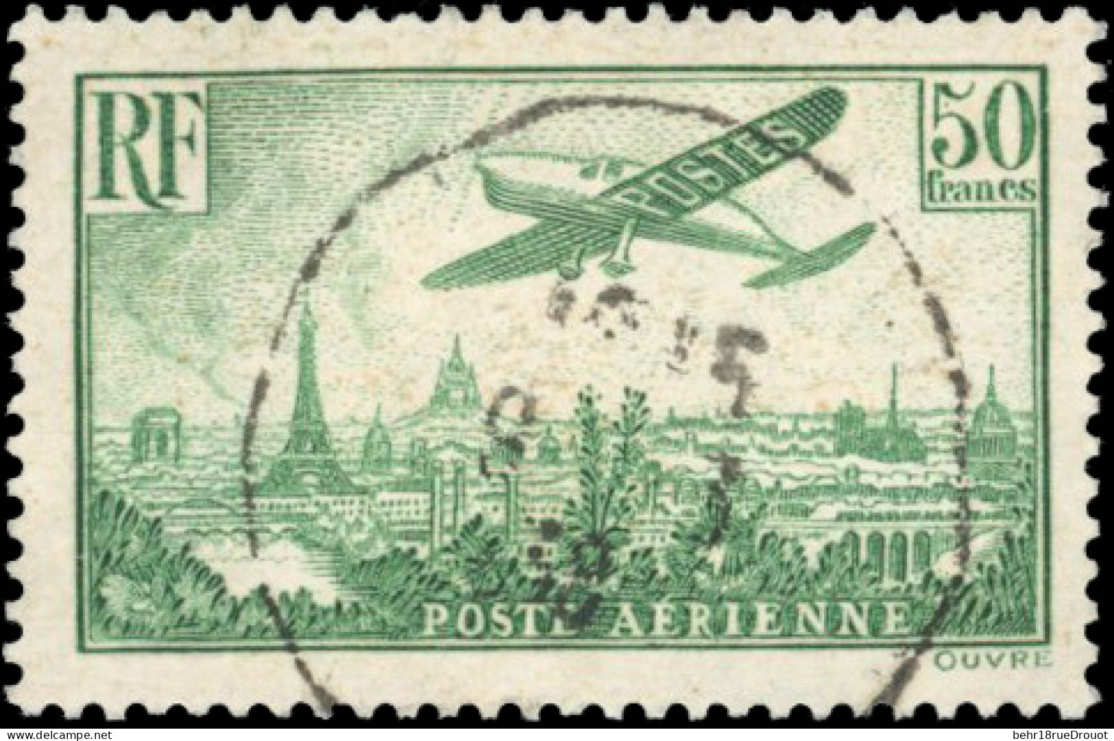 Obl. 14a -- 50F. Avion Survolant Paris Vert. Obl. TB. - Other & Unclassified