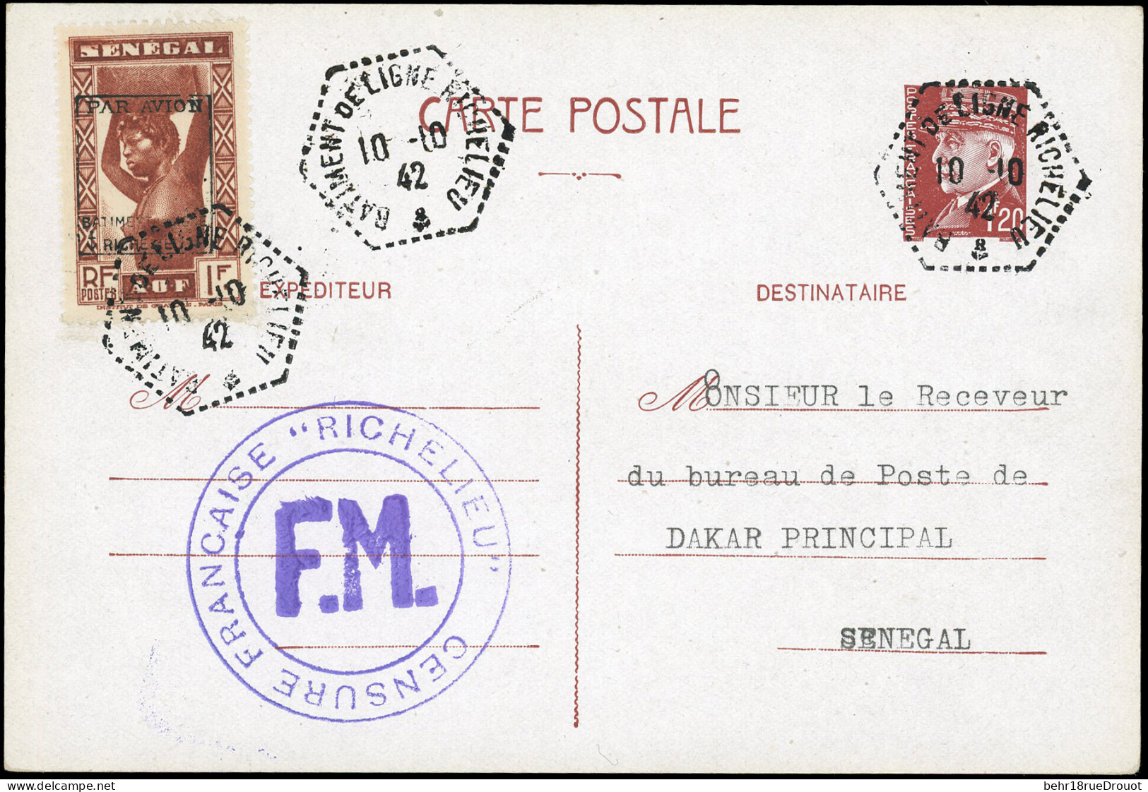 Obl. 6 + 7 -- 1F. Brun-rouge, Et 1F.75 Bleu Obl. S/ 2 Cartes Postales à 1F.20 Frappée Du 10 Octobre 1942 à Destination D - Military Airmail