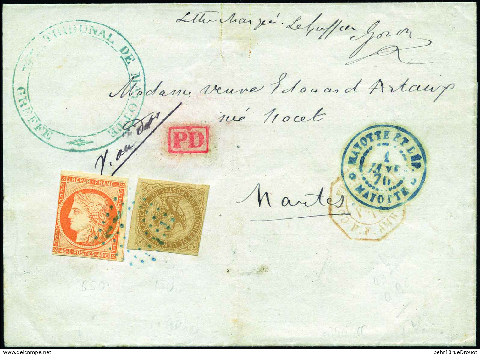 Obl. Lettre à L'entête Du Tribunal Civil De Mayotte Le 8 Décembre 1873 Affranchie Avec Le 10c. Aigle Et Le 40c. Cérès Po - Other & Unclassified