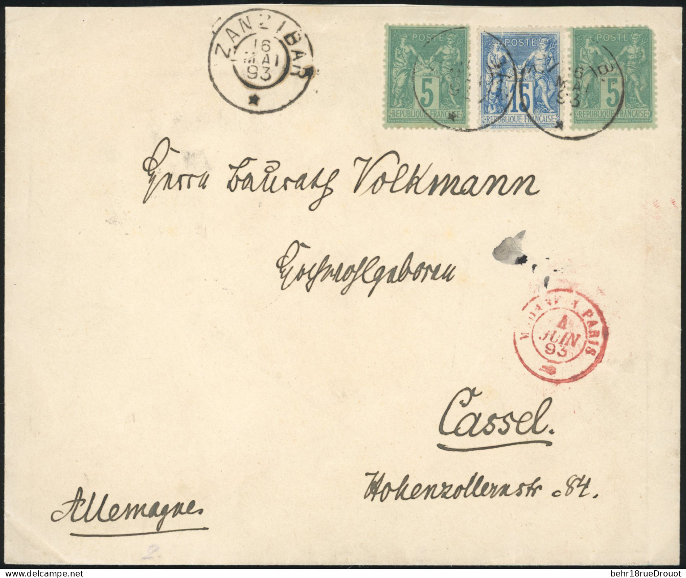 Obl. Timbres De France N° 75 X 2 + 90. 5c. Vert X 2 + 15c. Bleu Obl. S/lettre Frappée Du CàD De De ZANZIBAR Du 16 Mai 18 - Altri & Non Classificati