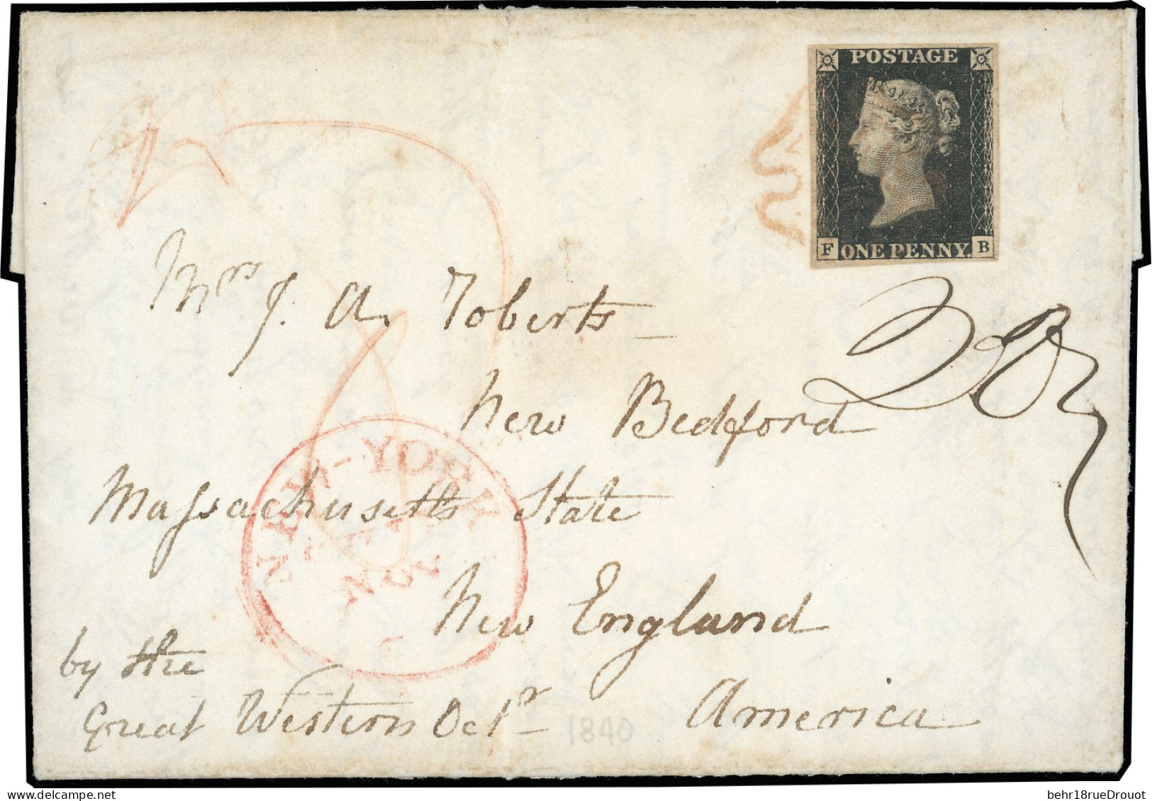 Obl. SG#2 -- N°2, 1d. Black. Plate 6. Lettered F-B Cancelled With Red Maltese Cross On Cover To NEW BEDFORD – USA. On Th - Andere & Zonder Classificatie