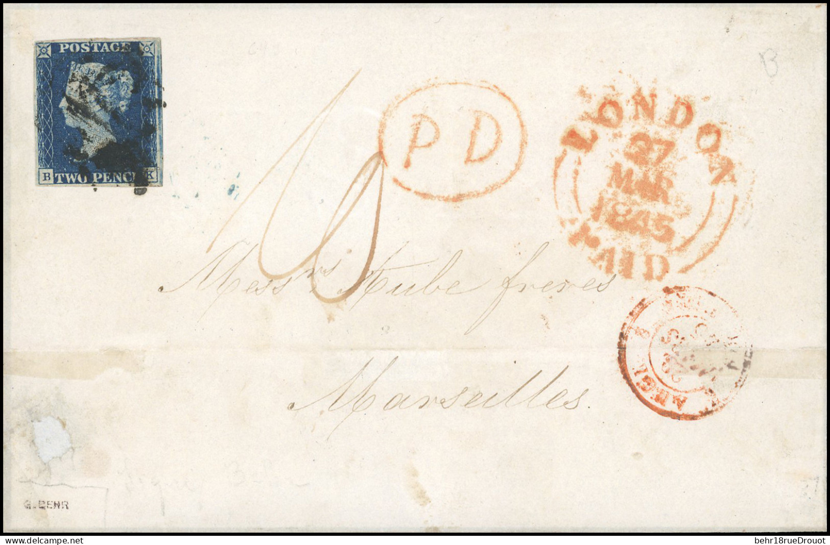 Obl. SG#4 -- 2p. Deep Blue Used On Partial Cover With LONDON 27 MAR 1845 Sent To MARSEILLE - FRANCE With 10d. Due Manusc - Autres & Non Classés