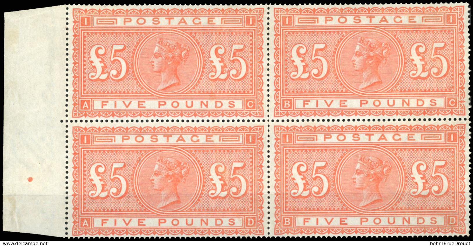 ** SG#137 -- 5£. Orange. Block Of 4. White Paper. SUP. RR. - Autres & Non Classés