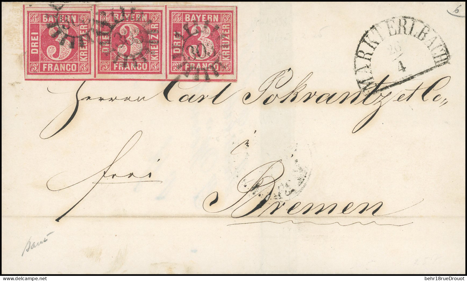 Obl. 10 -- Bande De 3 Du 3k. Rouge Obl. 303 S/lettre Frappée Du CàD De MARKTERLBAH Du 26 Avril 1864 à Destination De BRE - Other & Unclassified