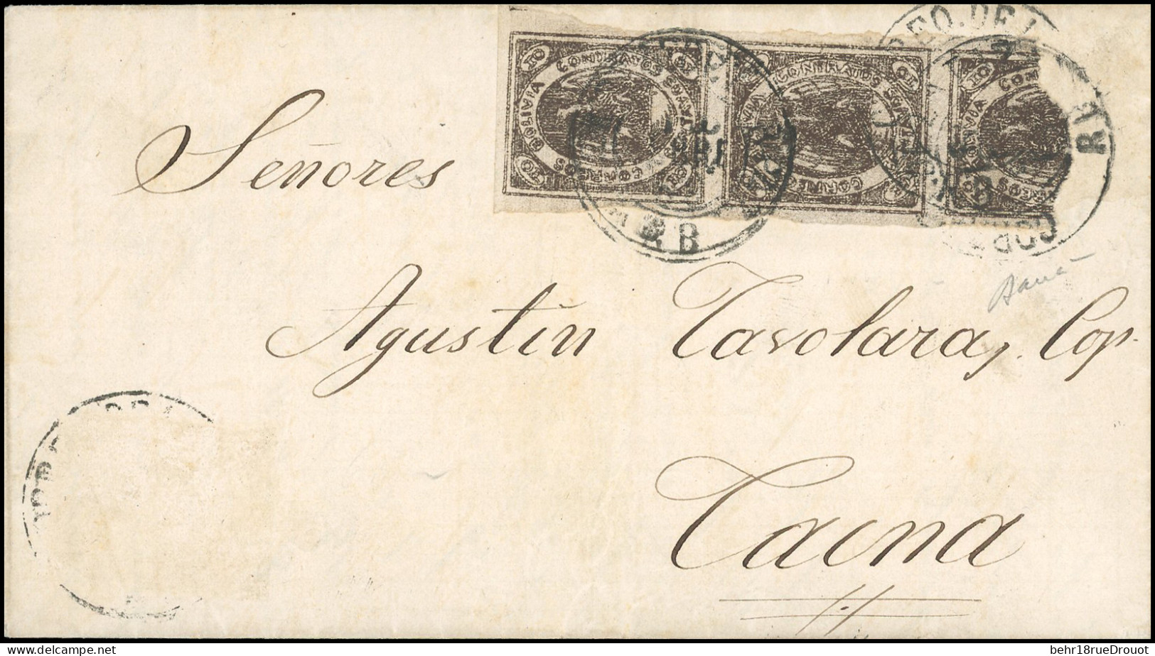 Obl. 4 -- Paire Du 10c. Brun + 1 Demi Obl. S/lettre Manuscrite De LA PAZ Du 16 Février 1868. Trace De Timbres Manquants  - Bolivie