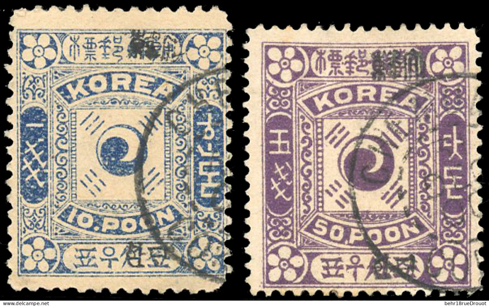 Obl. Sc#13G / 15 -- 10p. Deep Blue + 50p. Purple With Black Overprint. F. - Korea (...-1945)