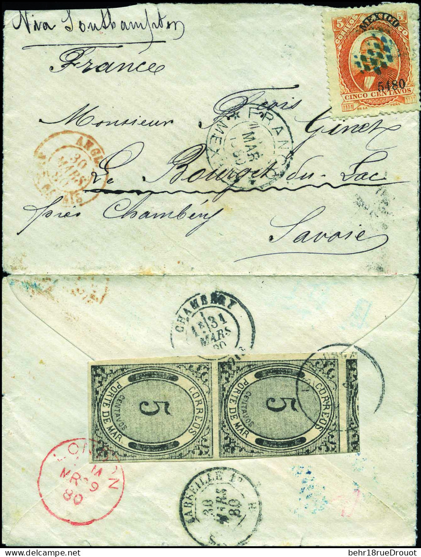 Obl. 63 -- 5c. Juarez Obl. ''FRANCO MEXICO De MARS 1880'' S/lettre Mixte Avec Paire Du 5c. De PORTE DE MAR à Destination - Mexico