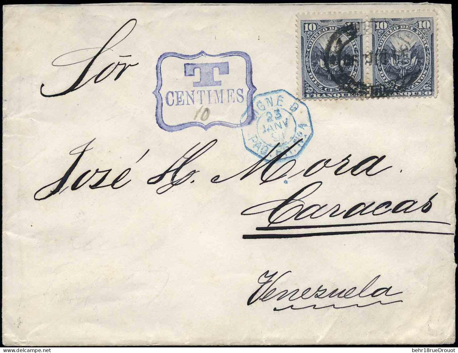 Obl. 79x 2 -- Paire Obl. S/lettre Frappée Du CàD Bleu Octogonal LIGNE D - PAQ. FR. N°1 Du 23 Janvier 1891 à Destination  - Pérou