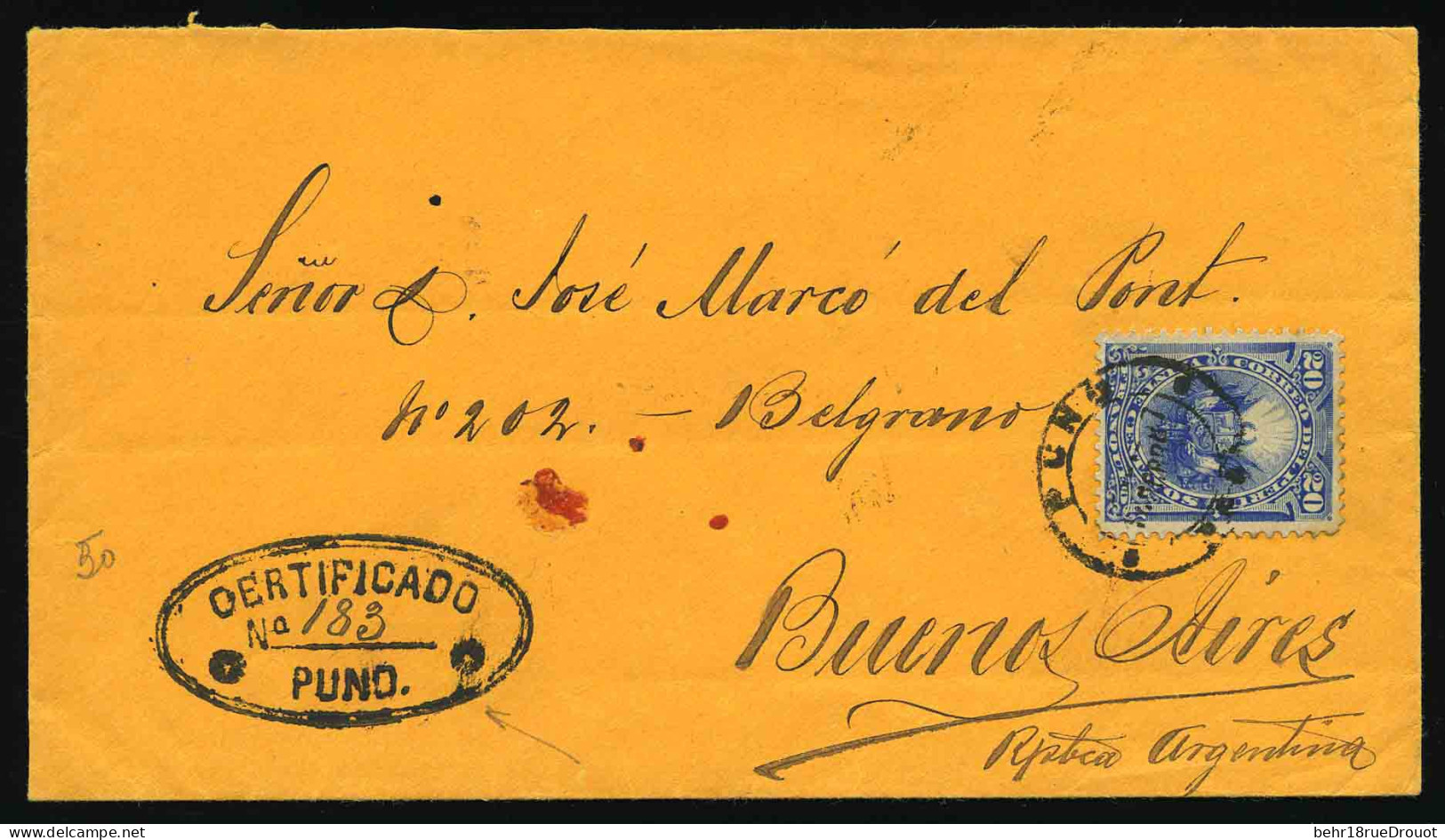 Obl. 80 -- PUNO. 20c. Bleu Obl. PUNO Du 17 Octobre 1887 S/lettre Recommandée à Destination De BUENOS AIRES - ARGENTINE.  - Perú