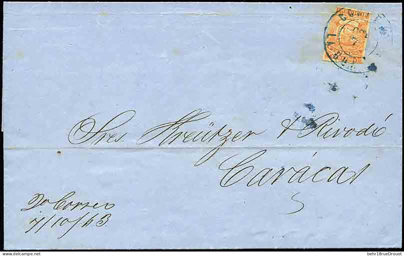 Obl. 1 -- 1/2 Real Orange S/lettre Frappée Du CàD De La GUAIRA Du 7 Octobre 1863 à Destination De CARACAS. Léger Défaut  - Venezuela