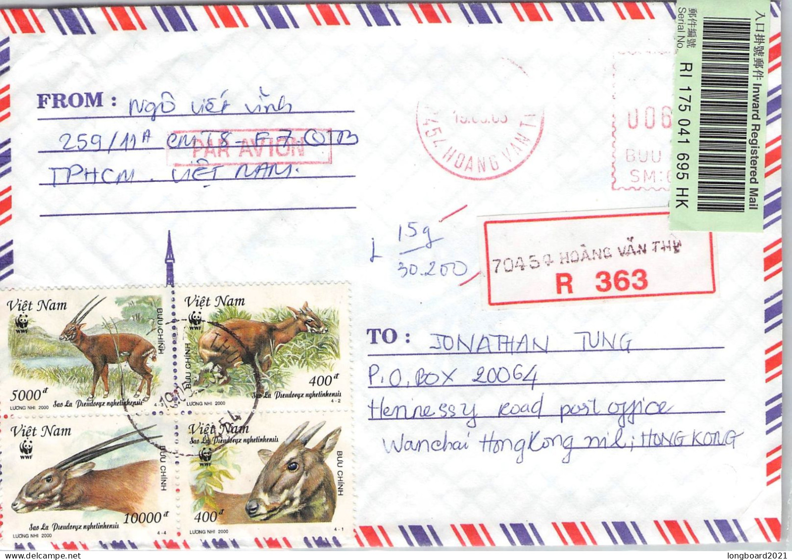 VIETNAM - REGISTERED AIRMAIL 2003 - HONGKONG /4530 - Vietnam