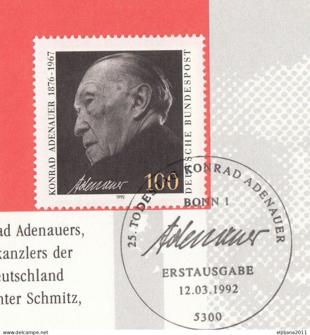 Germany 1992 ⁕ Das War Vor 25 Jahren.... Mi.1601 Konrad Adenauer ⁕ FDC - Erstausgabe - Klappkarte - See Scan - 1991-2000