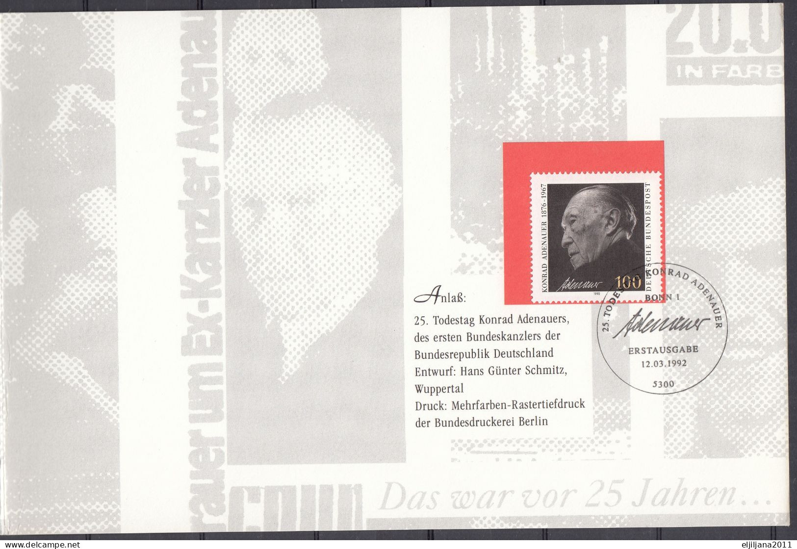 Germany 1992 ⁕ Das War Vor 25 Jahren.... Mi.1601 Konrad Adenauer ⁕ FDC - Erstausgabe - Klappkarte - See Scan - 1991-2000
