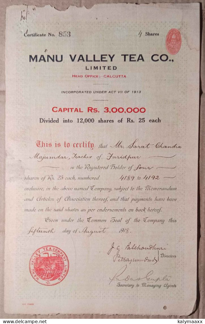 INDIA 1918 MANU VALLEY TEA COMPANY LIMITED, TEA ESTATE, TEA GARDENS....2 DIFFERENT SHARE CERTIFICATES - Agricoltura