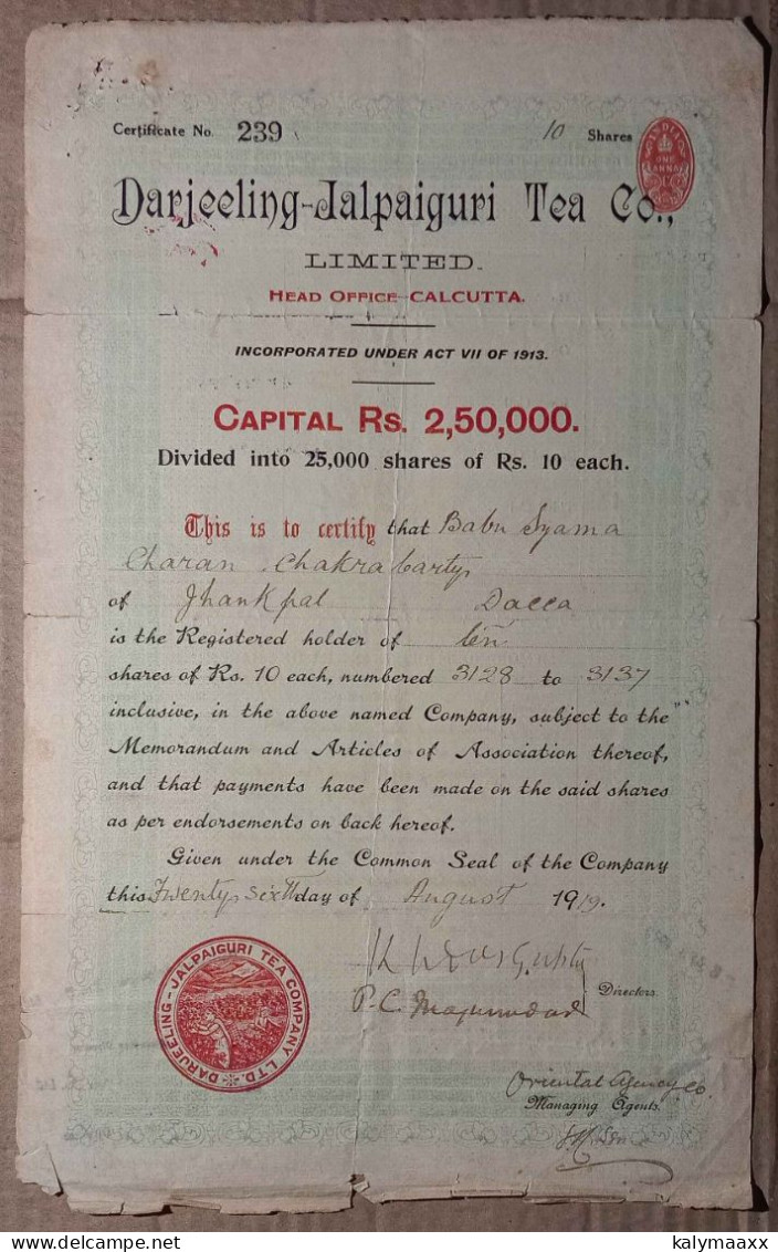 INDIA 1919 & 1942 DARJEELING - JALPAIGURI TEA COMPANY LIMITED, TEA ESTATE....2 DIFFERENT SHARE CERTIFICATES - Agricultura