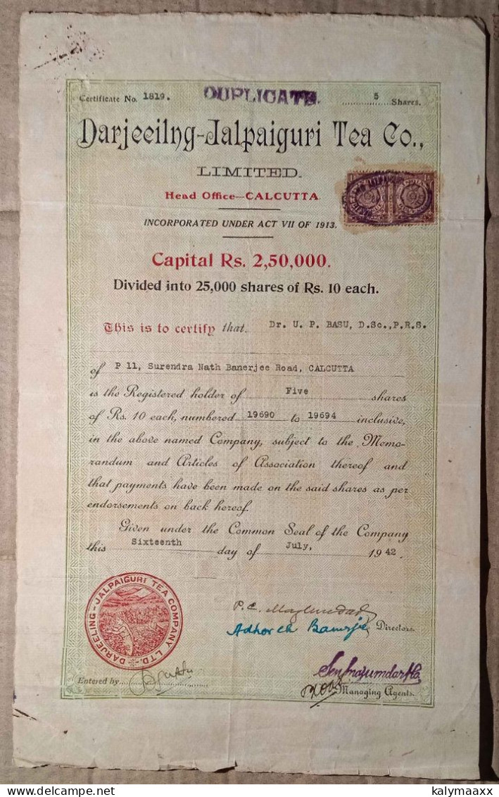 INDIA 1919 & 1942 DARJEELING - JALPAIGURI TEA COMPANY LIMITED, TEA ESTATE....2 DIFFERENT SHARE CERTIFICATES - Landbouw