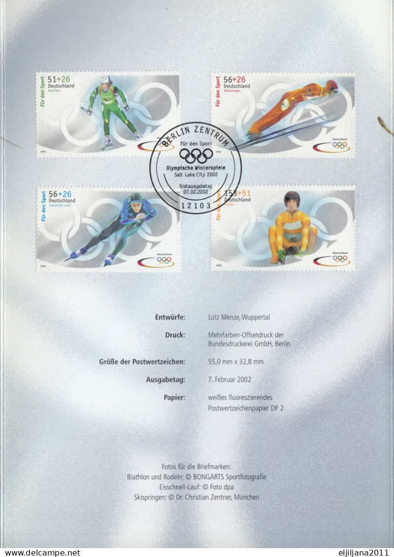 Germany 2002 ⁕ Mi.2237-2240 Für Den Sport - Olympische Winterspiele - Salt Lake City ⁕ FDC - Erstausgabe - Klappkarte - 2001-2010