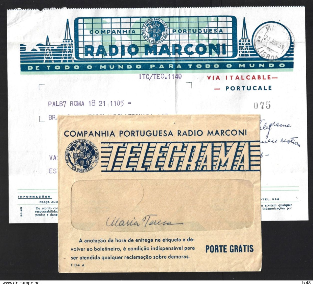 Telegrama Completo Da Rádio Marconi. Telegrama Enviado Da Suiça 1959. Complete Telegram From Radio Marconi. Telegram Sen - Storia Postale