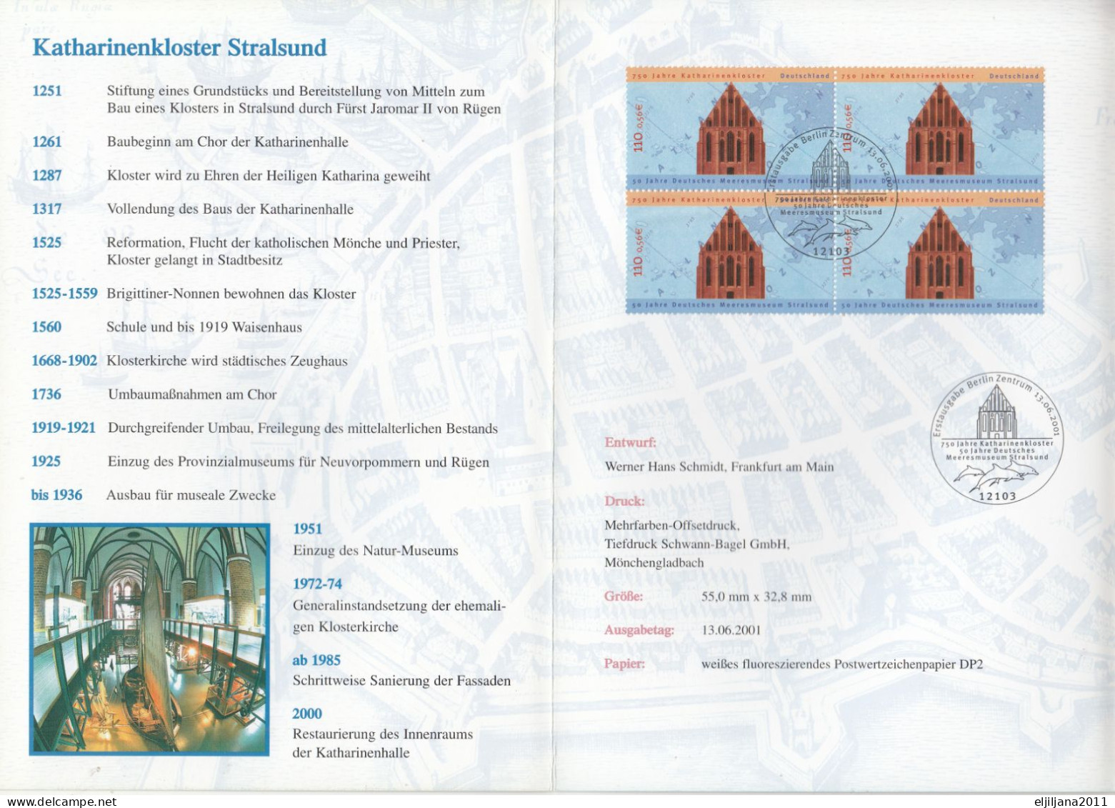 Germany 2001 ⁕ 750 Jahre Katharinenkloster / 50 Jahre Deutsches Meeresmuseum Mi.2195 ⁕ FDC Folder - Erstausgabe - 2001-2010