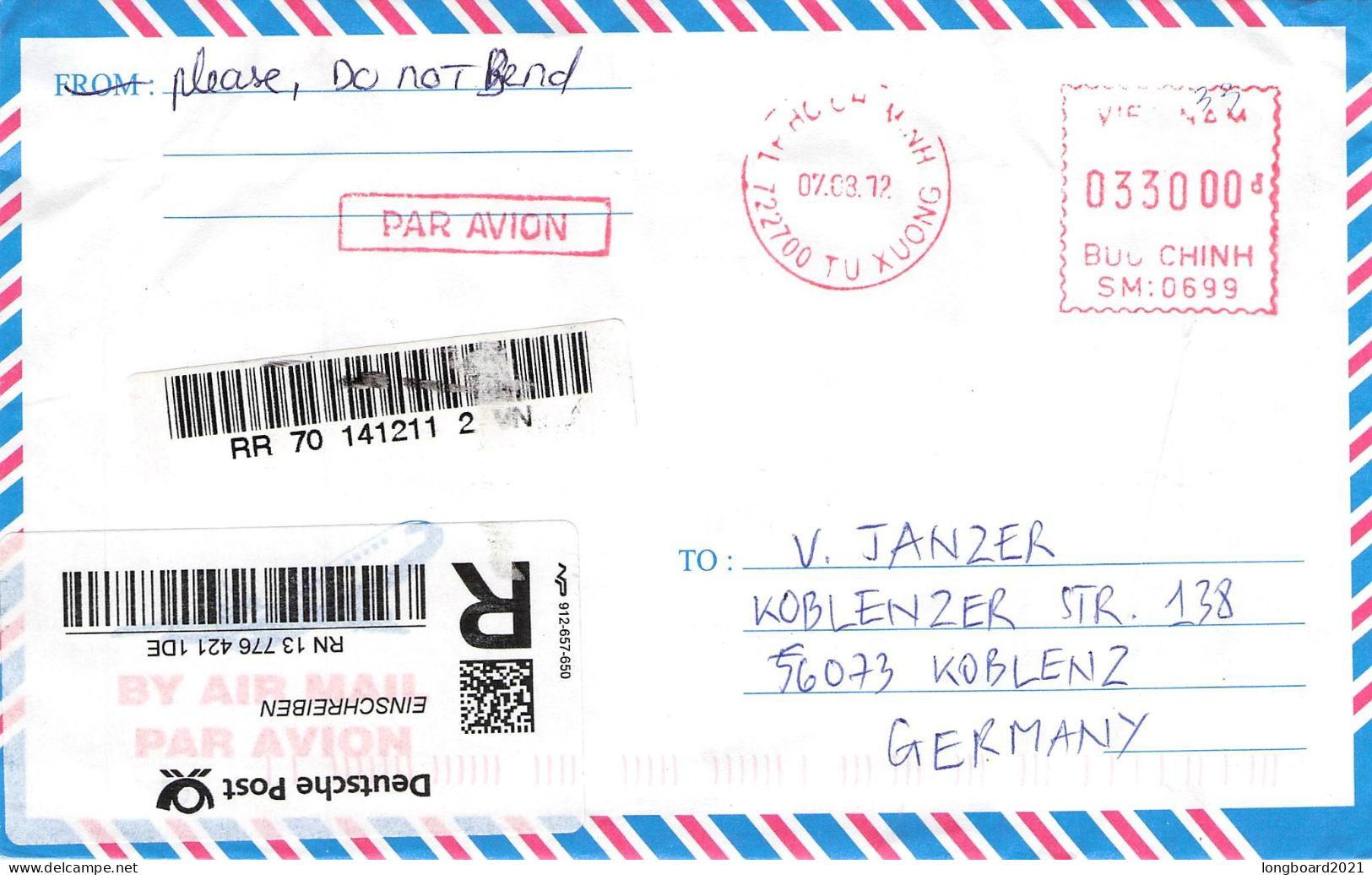 VIETNAM - REGISTERED AIR MAIL 2012 - KOBLENZ/DE / 4543 - Vietnam