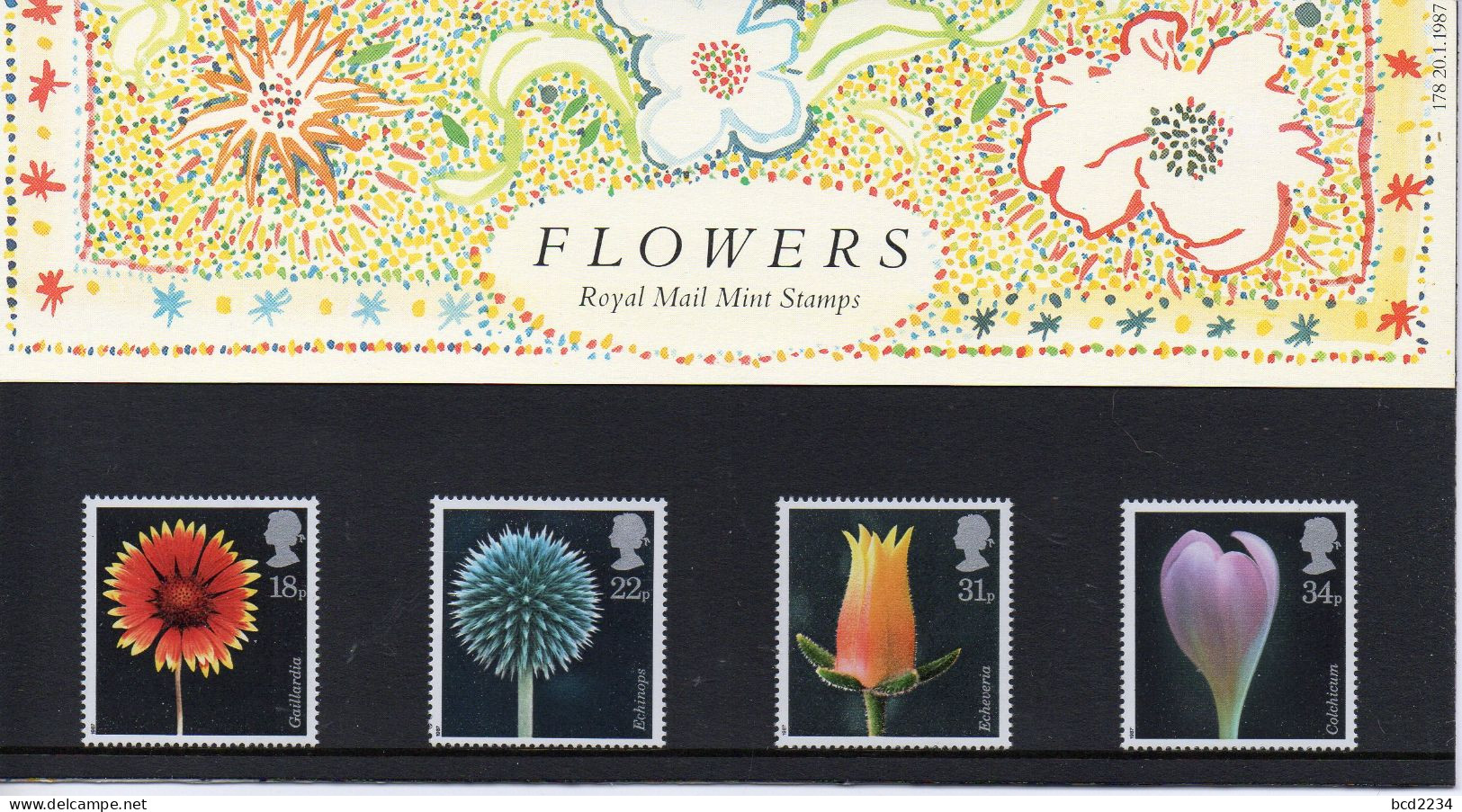 GB GREAT BRITAIN 1987 FLOWER PRESENTATION PACK No 178 +ALL INSERTS THISTLE BLANKET ECHEVERIA AUTUMN CROCUS LAMMER PHOTO - Presentation Packs