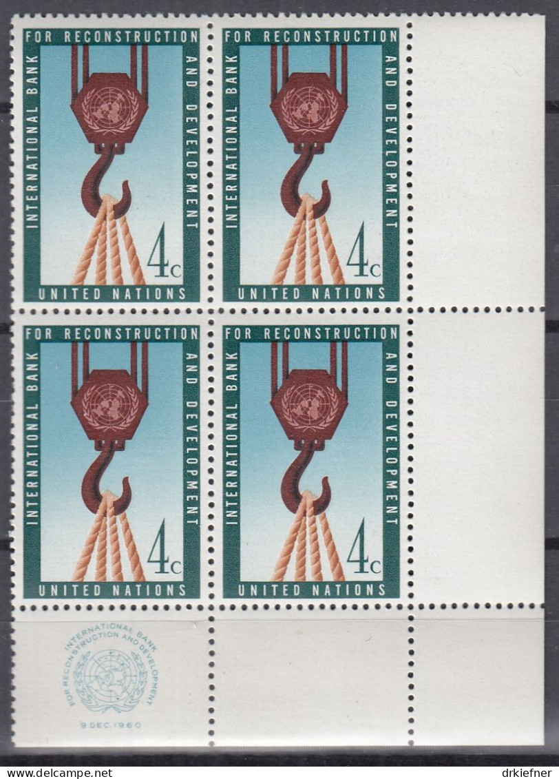 UNO NEW YORK 92, Postfrisch **, 4erBlock Mit Randzierfeld, Internationale Bank Für Wiederaufbau, 1960 - Unused Stamps