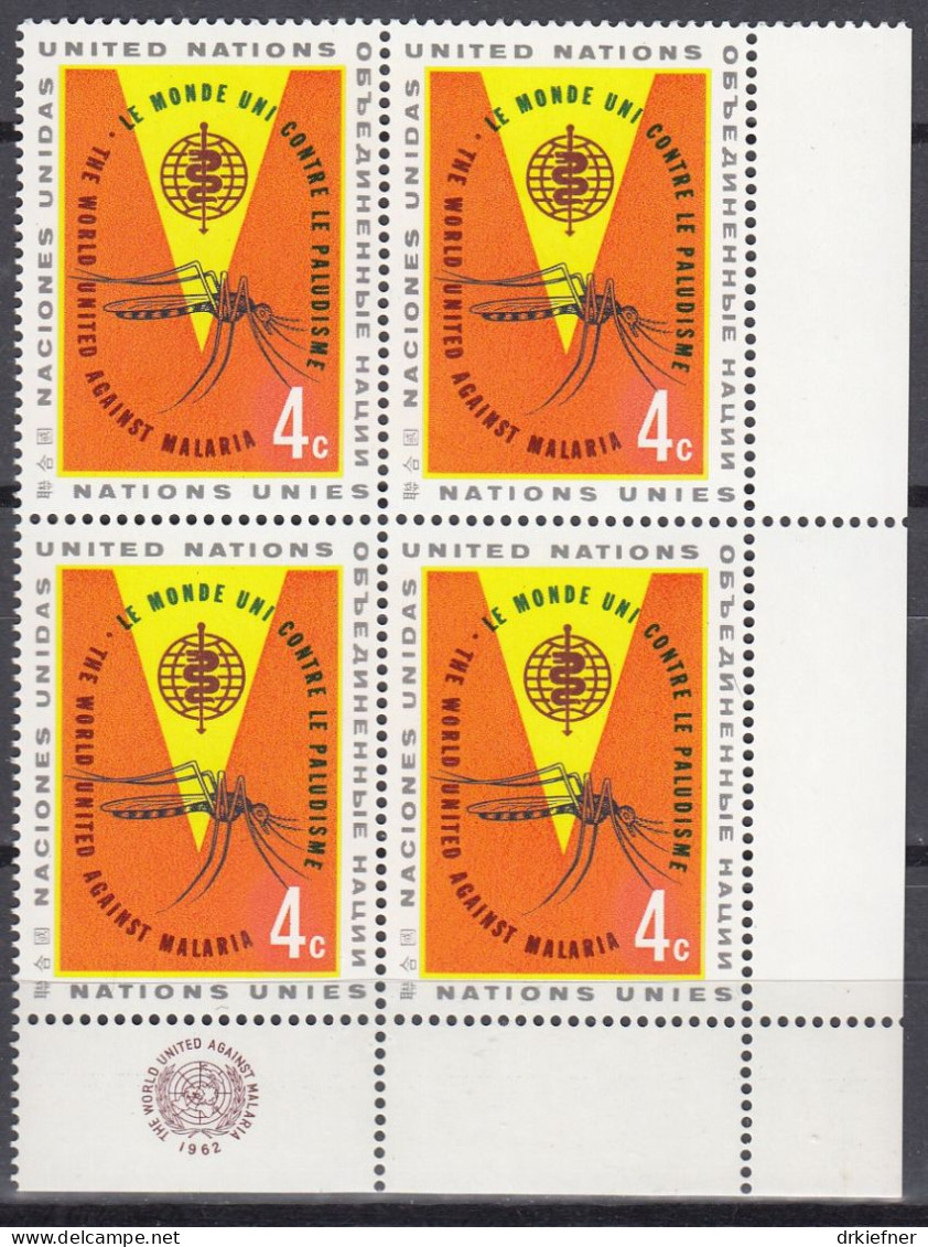 UNO NEW YORK 116, Postfrisch **, 4erBlock Mit Randzierfeld, Kampf Gegen Malaria, 1962 - Nuovi