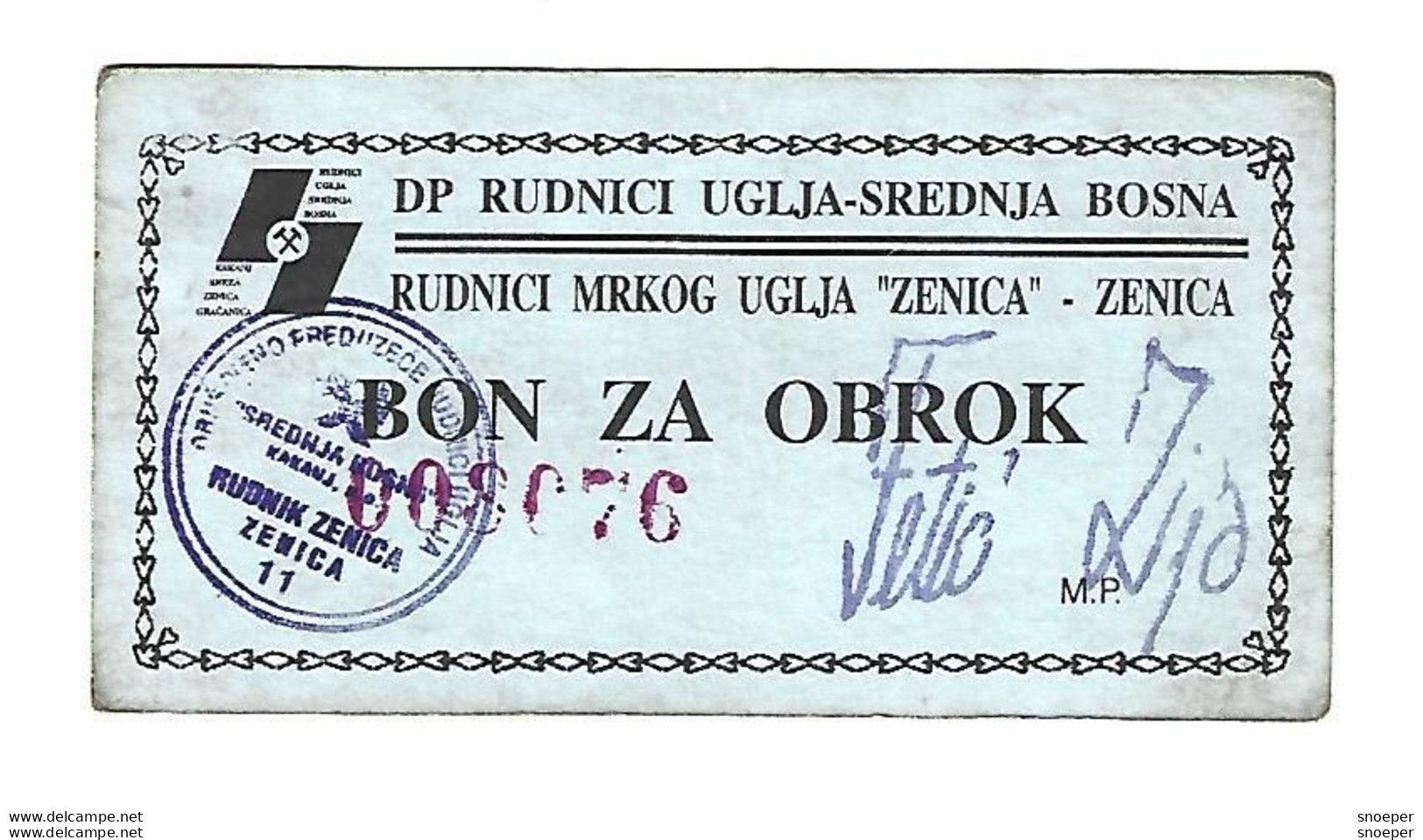 Bosnia- Herzegovina  Zenica Dpcoal Mine Bon  Ref 77 - Bosnien-Herzegowina