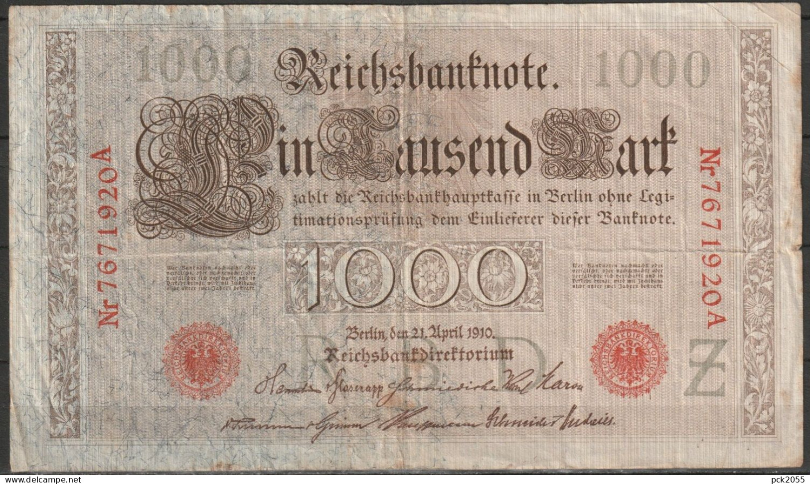 DR. 1000 Mark Reichsbanknote 21.4.1910 Ros.Nr.45b, P 44 ( D 6743 ) - 1000 Mark