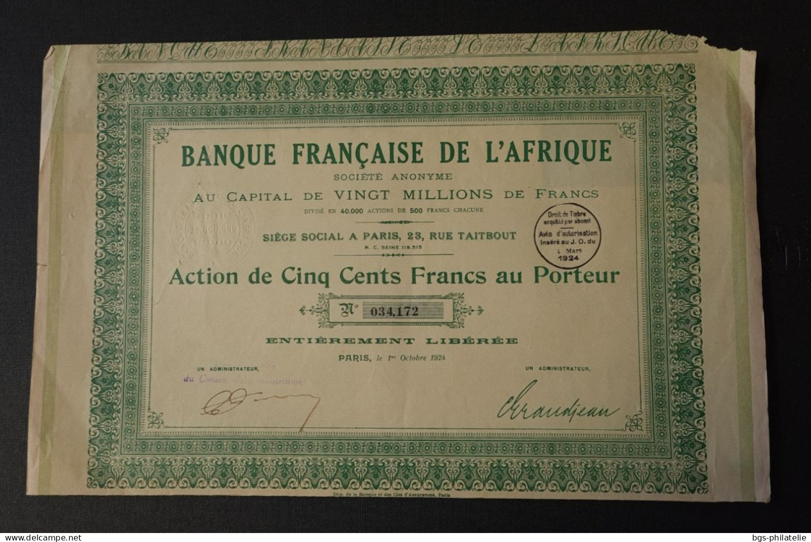 BANQUE FRANÇAISE DE L'AFRIQUE. - Banque & Assurance