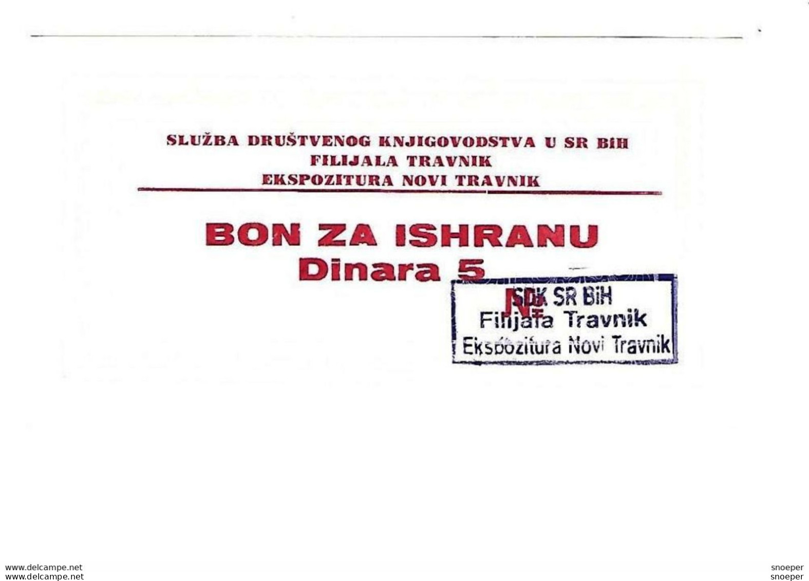 *bosnia- Herzegovina  Travnik Social Accounting Service Food Bon 5 Dinara   Unc   Ref 98 - Bosnia Erzegovina