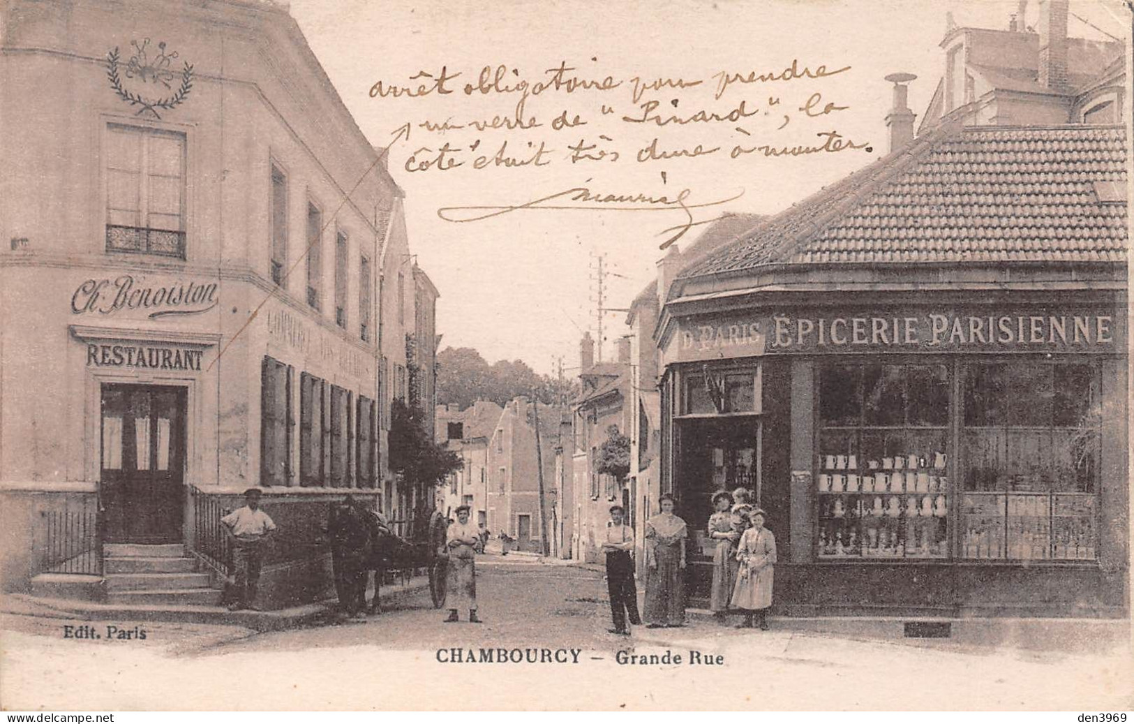 CHAMBOURCY (Yvelines) - Grande Rue - Restaurant Benoiston, Epicerie Parisienne, Attelage Cheval - Voyagé 1917 (2 Scans) - Chambourcy