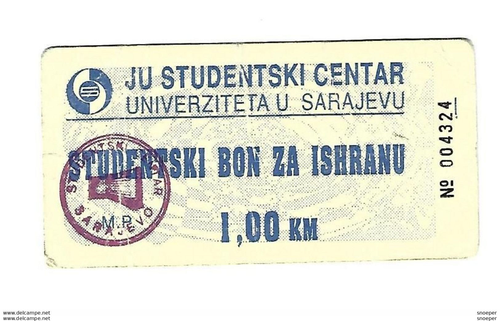 *bosnia- Herzegovina  Sarajevo Student Home  Food Voucher  1 Km   Ref 101 - Bosnie-Herzegovine