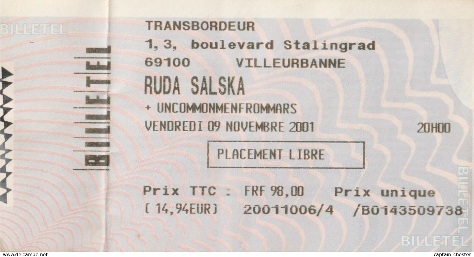 Ticket De Concert - LA RUDA SALSKA VILLEURBANNE 2001 - Tickets De Concerts