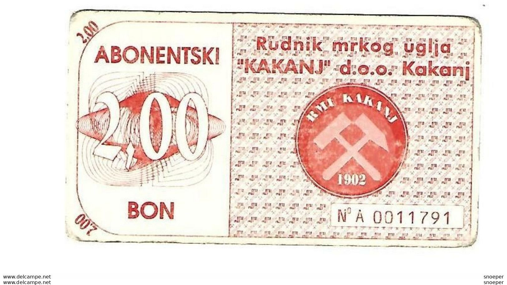 *bosnia- Herzegovina Kakanj Browncoolmine Bon 2,00   Ref 108 - Bosnie-Herzegovine